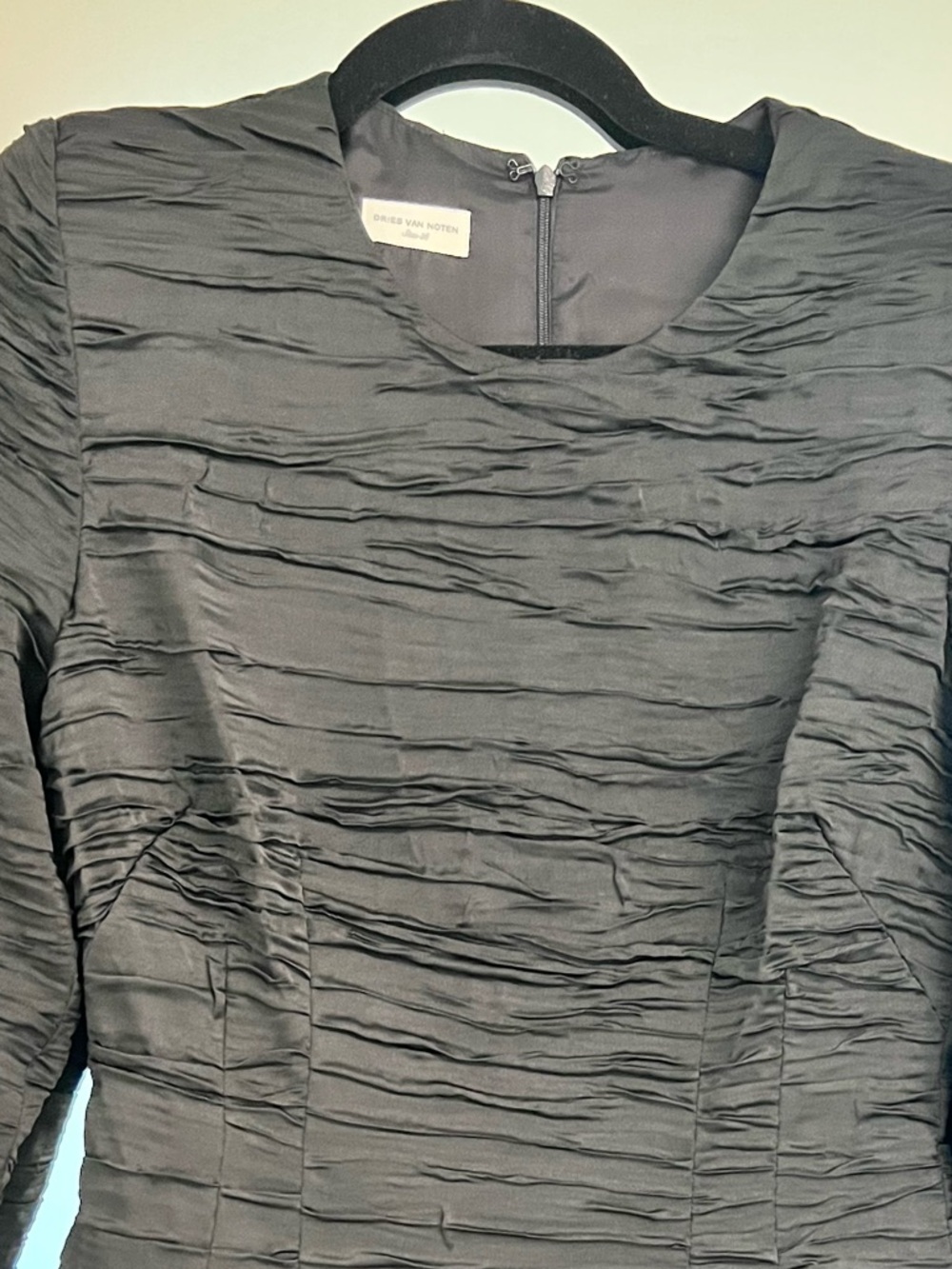 Dries Van Noten Textured Black Long-Sleeve Silk Sheath Dress